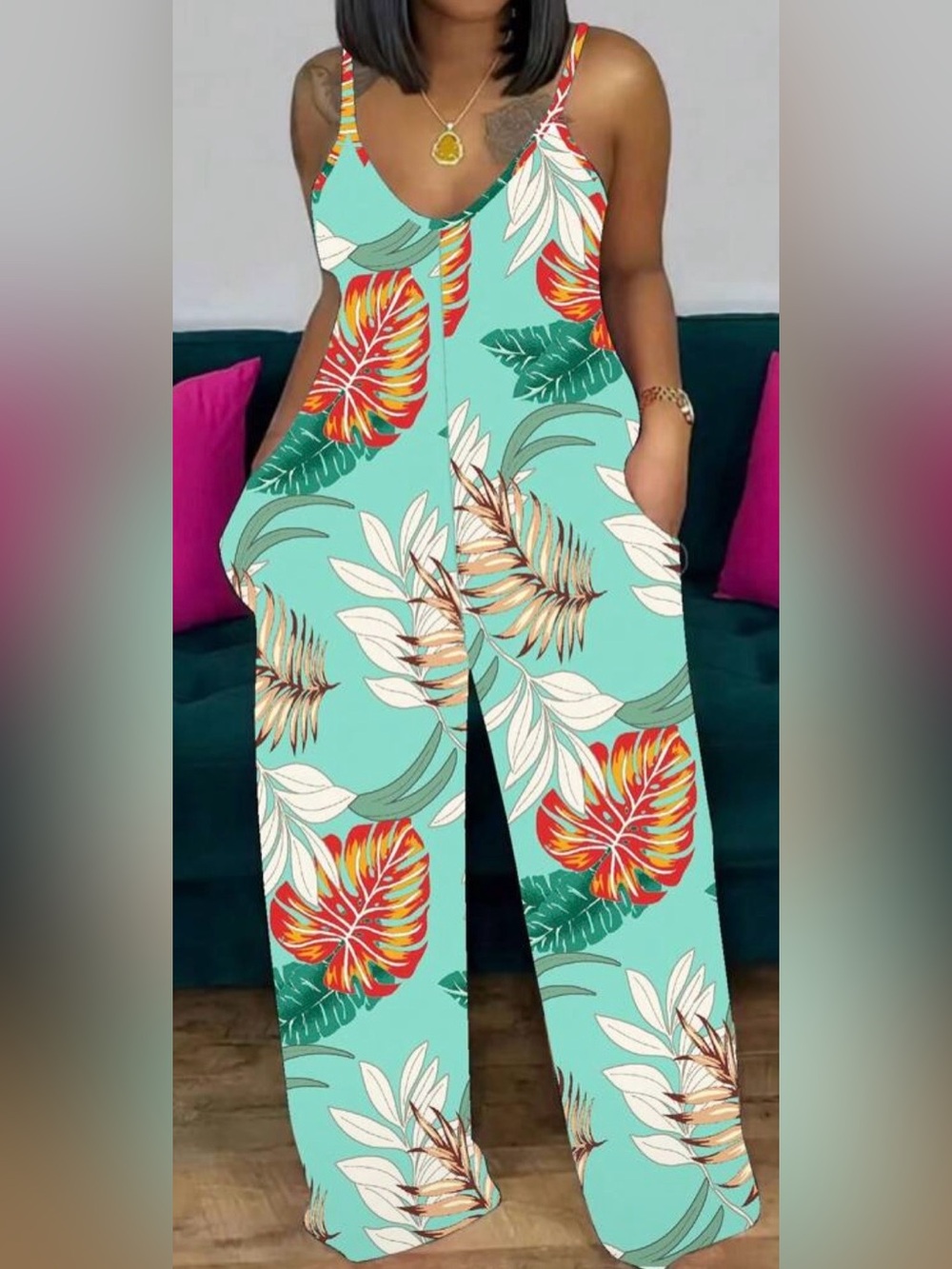 SHEIN Aqua Tropical Leaf Wide-Leg Jumpsuit